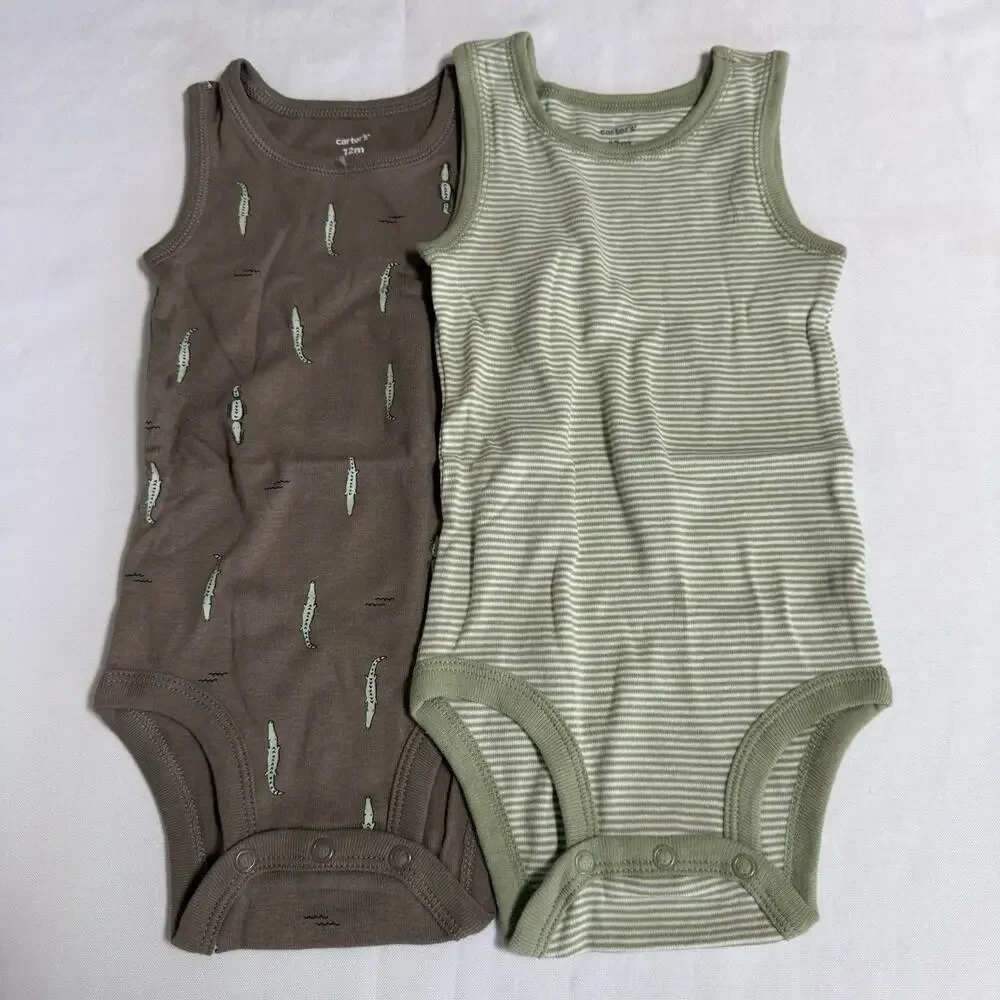 Carter's Baby Boy 5-Pack Dinosaur Sleeveless Bodysuits Size 12 Months Green Tan